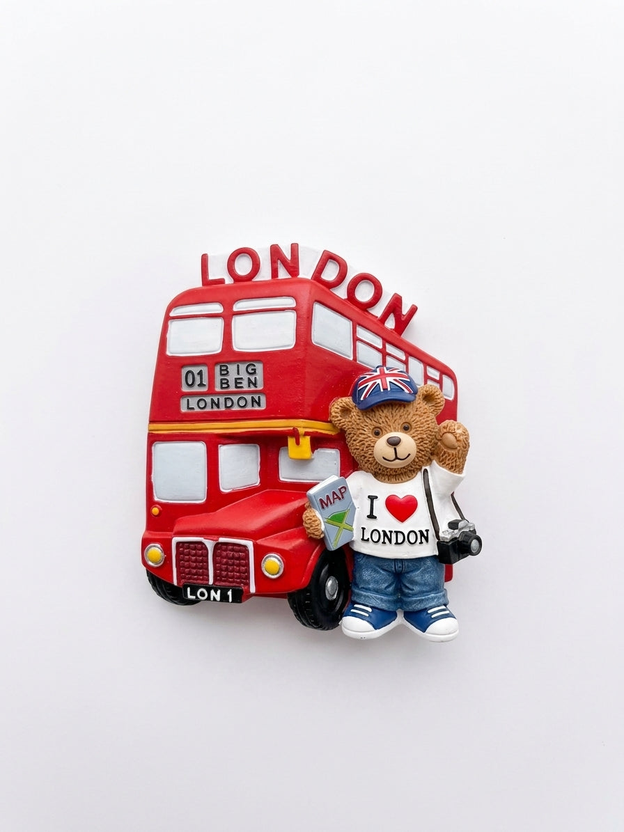 London bus with bear ceramic magnet